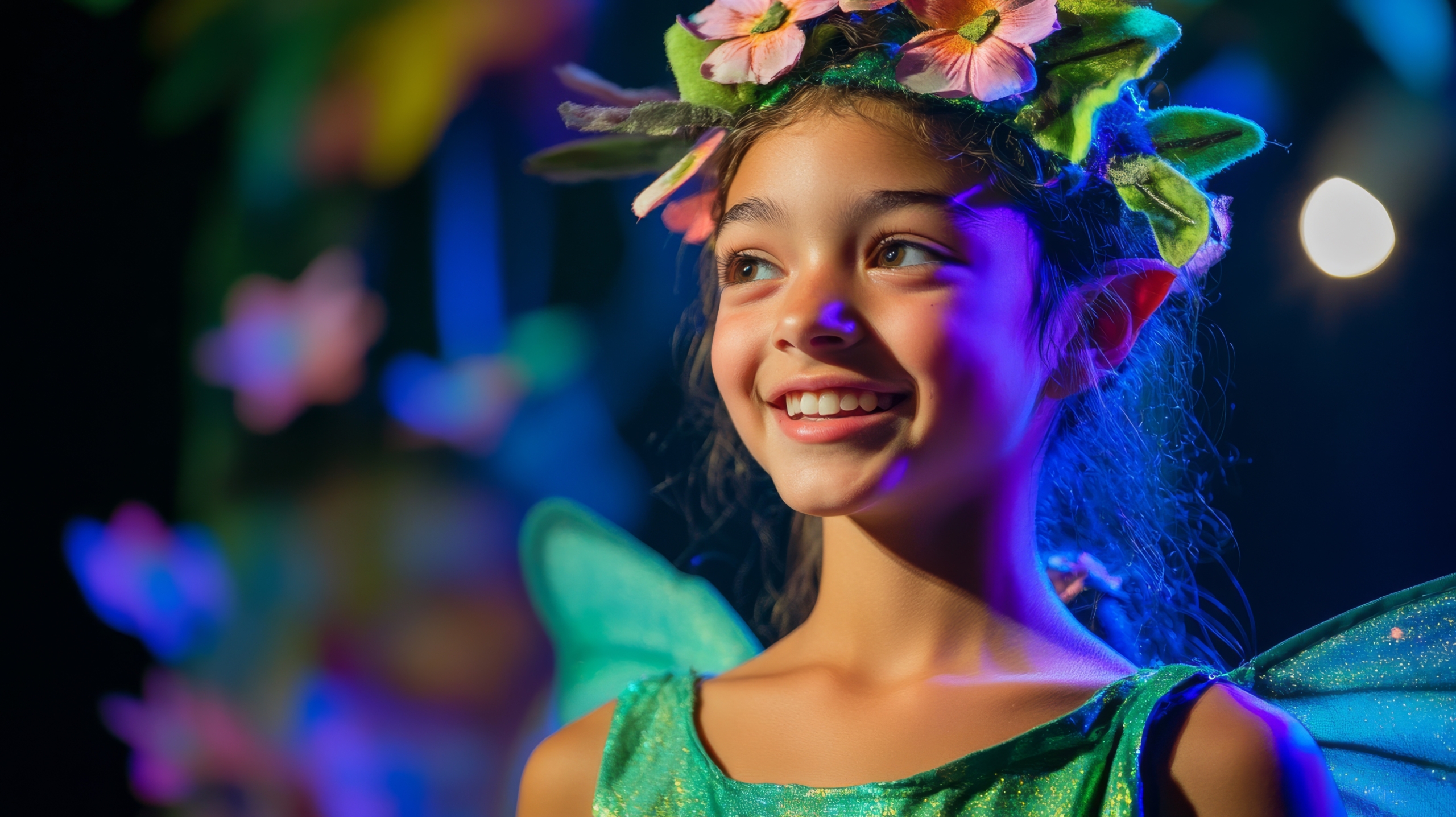 A young girl is wearing a green fairy costume and smiling. She is standing on stage in front of a tree with flowers March Impact Grants Update: picture of the exterior of the LuCille Tack Center for the Arts